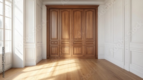 Wooden dressing closet in a spacious entryway, complemented by white walls, offering background space for creative ads