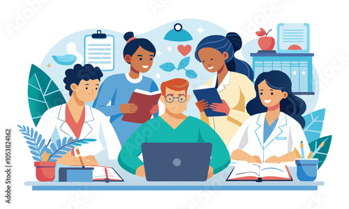 Download Young Physician Specialist, Group Of Interns Learning Human Anatomy Online. Healthcare Seminar, Remote Class, Lecture Vector Illustration. . This Design Concept Isolated Premium Vector. Flat 