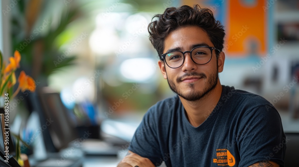 Young Hispanic man engaged in minimalist design work at a bright and modern workspace Young Hispanic man engaged in minimalist design work at a bright and modern workspace