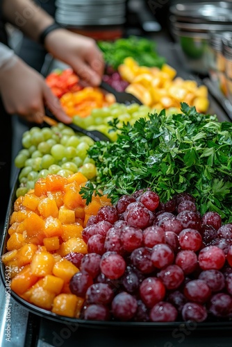 A Colorful Display of Fresh Fruit in a Black Tray photo