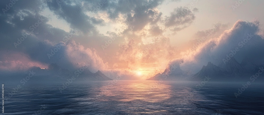 Fototapeta premium Sunset In A Cloudy Haze Over The Sea Dawn Composition