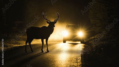 An elk is silhouetted by the bright headlights of a vehicle on a dark road at night enhancing the dramatic ambiance photo