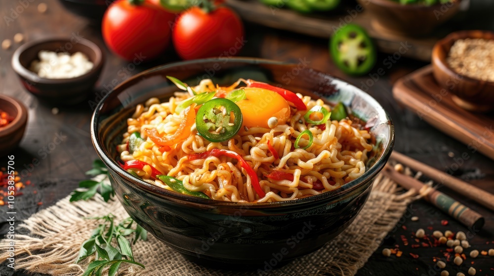 Indomie Goreng Or Fried Noodle On Traditional Pottery Presentation Indomie Goreng Or Fried Noodle On Traditional Pottery Presentation