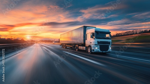 Freight truck speeding down the highway cargo in motion during sunset Journey of logistics with fast and heavy transportation photo