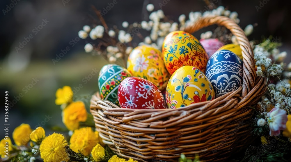 Fototapeta premium Vibrantly decorated Easter eggs arranged in a wicker basket