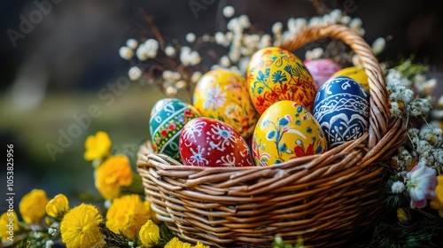 Vibrantly decorated Easter eggs arranged in a wicker basket