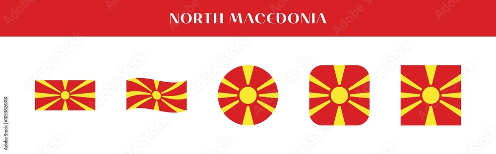 Set of North Macedonia national flag icons in various styles on transparent background Set of North Macedonia national flag icons in various styles on transparent background