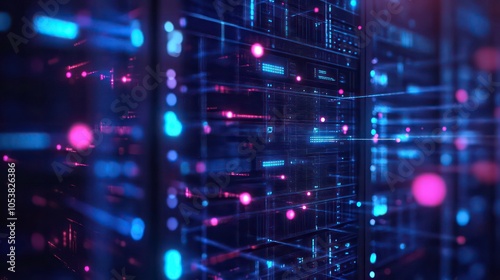 Abstract representation of a data center with glowing lights and network connections.