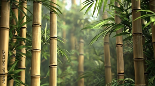 Bamboo thicket featuring a stockade of trunks and lush green foliage as a backdrop or texture