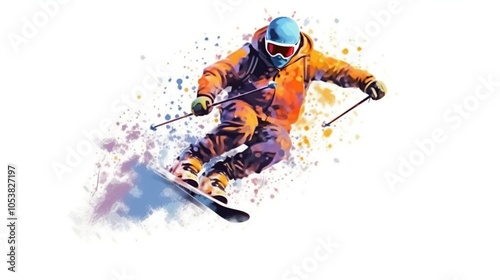 A skier in an orange jacket and blue helmet is skiing down a mountain.  He is wearing goggles and gloves. There are splashes of color behind him.