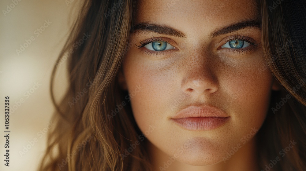 Young woman with striking blue eyes and freckles gazes confidently at the camera, AI Young woman with striking blue eyes and freckles gazes confidently at the camera, AI