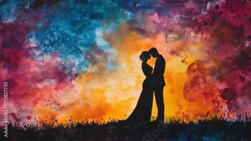 A romantic silhouette of a couple against a colorful, abstract background.