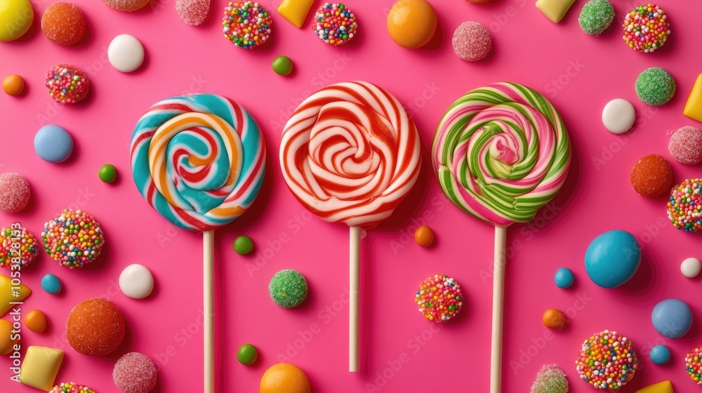 A vibrant pink backdrop featuring three colorful lollipops surrounded by a variety of candies A vibrant pink backdrop featuring three colorful lollipops surrounded by a variety of candies
