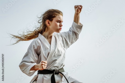 Professional female karate fighter isolated on white photo