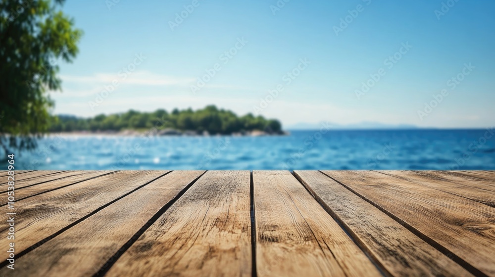 Wooden tabletop with a blurred backdrop of an island and clear blue sky High quality image Wooden tabletop with a blurred backdrop of an island and clear blue sky High quality image