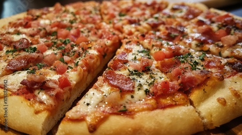 Savory pizza topped with mozzarella bacon and tomato sauce sliced and served