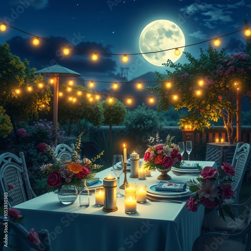 Romantic outdoor dinner setting, full moon night sky, string lights, garden ambiance, candlelit table, floral arrangements, magical atmosphere, glowing lanterns, starry background, cozy alfresco dinin photo