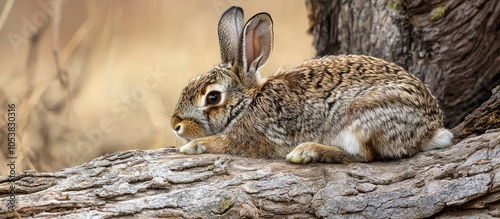 A Rabbit Is Resting On A Dry Tree Trunk This Rodent Has The Scientific Name Lepus Negricollis photo