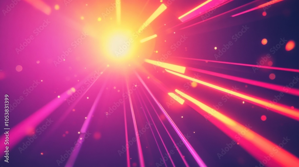 Fototapeta premium Retro explosion effect with 1970s style stripes, solar flares, and a vintage film grain overlay.
