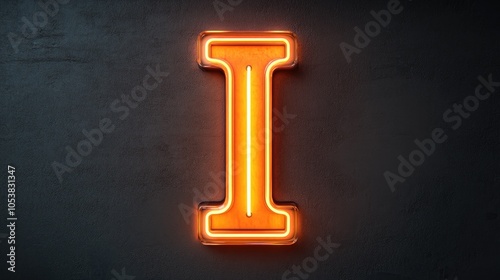 Neon letter I illuminated on a dark backdrop