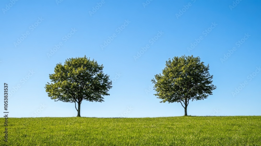 Obraz premium Two solitary trees stand in a lush meadow under a clear blue sky during summer