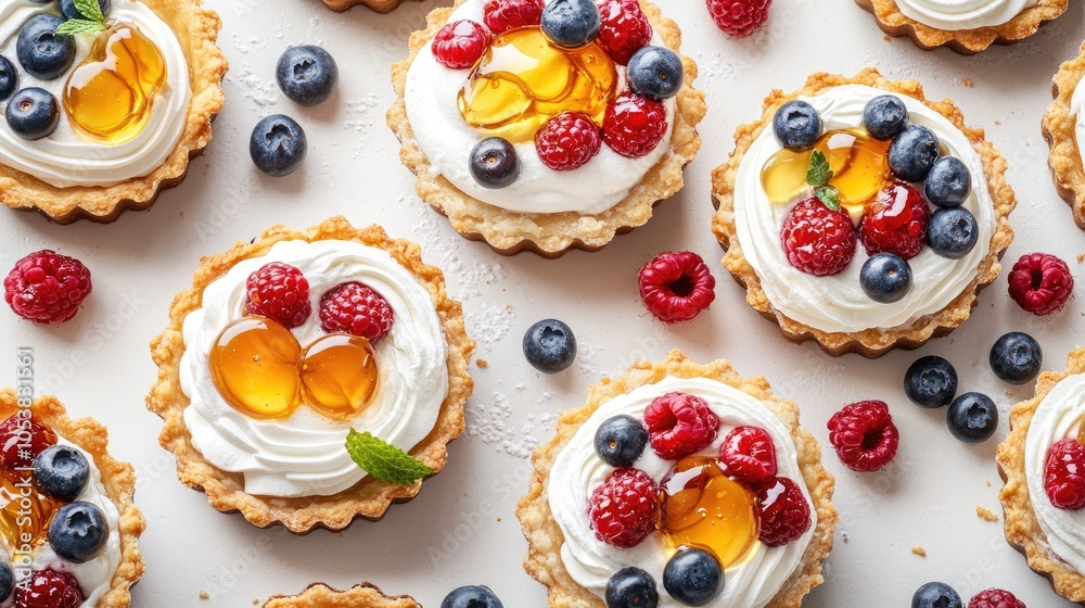 Variety of tartlets or cakes featuring cream cheese honey and summer berries Elevated perspective of pastry desserts
