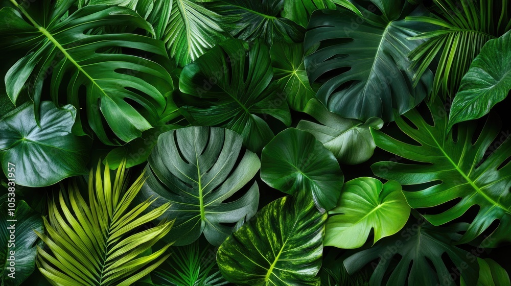 Close up of vibrant tropical leaves and lush greenery