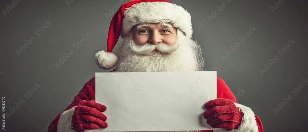 Naklejka premium A man in a red Santa hat holding a blank piece of paper. He is smiling and looking at the camera