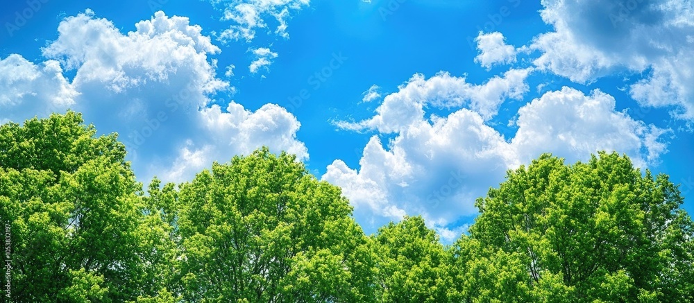 Obraz premium Green Trees And A Cloudy Blue Sky Background Eco Concept