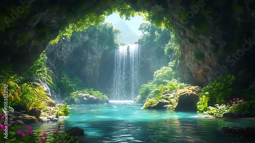 A view from inside a cave, looking out at a tropical waterfall and lake. Sunlight shines through the cave entrance, illuminating the lush foliage and cascading water.