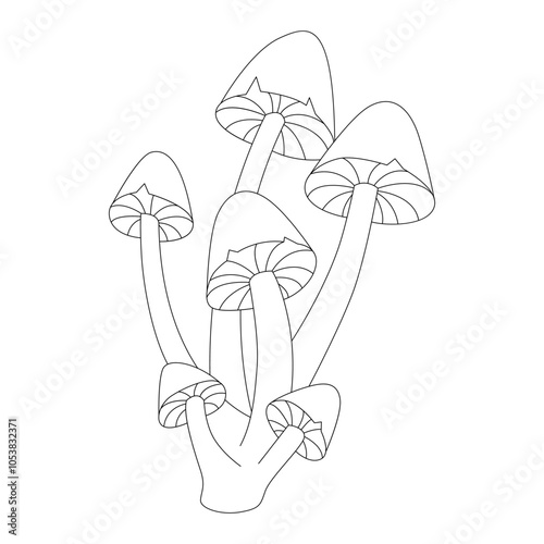 Groovy line psychedelic forest mushrooms, funny toadstools family vector illustration