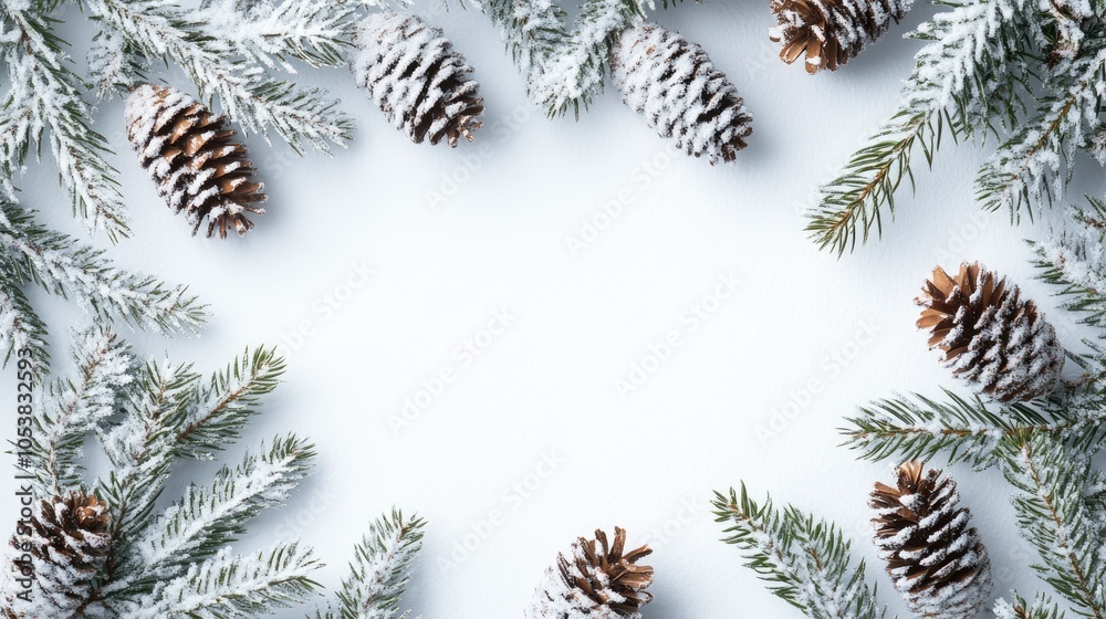 Snow covered pine branches and cones create a festive natural frame against a white backdrop ideal for holiday themed designs Snow covered pine branches and cones create a festive natural frame against a white backdrop ideal for holiday themed designs