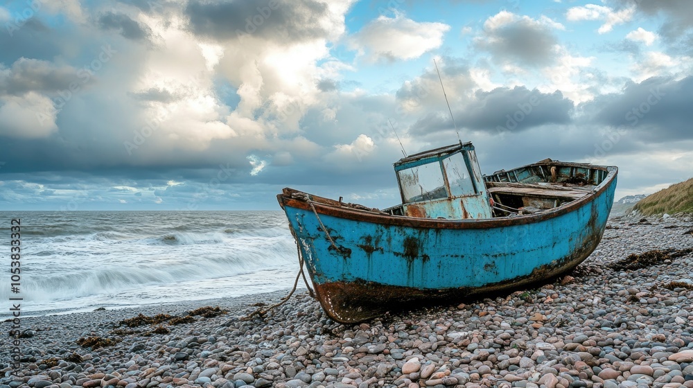 Damaged blue fishing boat resting on a pebble shore after a storm with the ocean visible in the background Damaged blue fishing boat resting on a pebble shore after a storm with the ocean visible in the background