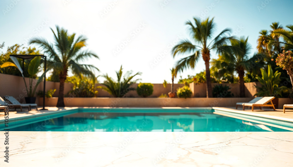 Palm trees surrounding a swimming pool, ideal for summer and vacation themes.