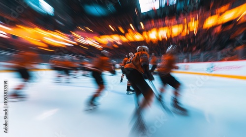 Amidst the electrifying atmosphere of an ice hockey rink, as the game nears, a blurred backdrop obscures the bustling players preparing for the spectacle