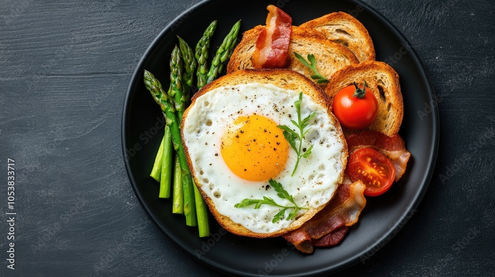 Delicious fried egg toasted bread green asparagus tomatoes and bacon served on a black plate An appealing top view with ample space for text Delicious fried egg toasted bread green asparagus tomatoes and bacon served on a black plate An appealing top view with ample space for text