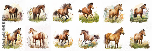 Watercolor Horse Collection: A captivating set of twelve watercolor illustrations featuring horses in various poses and colors, perfect for equestrian enthusiasts, nature lovers. photo