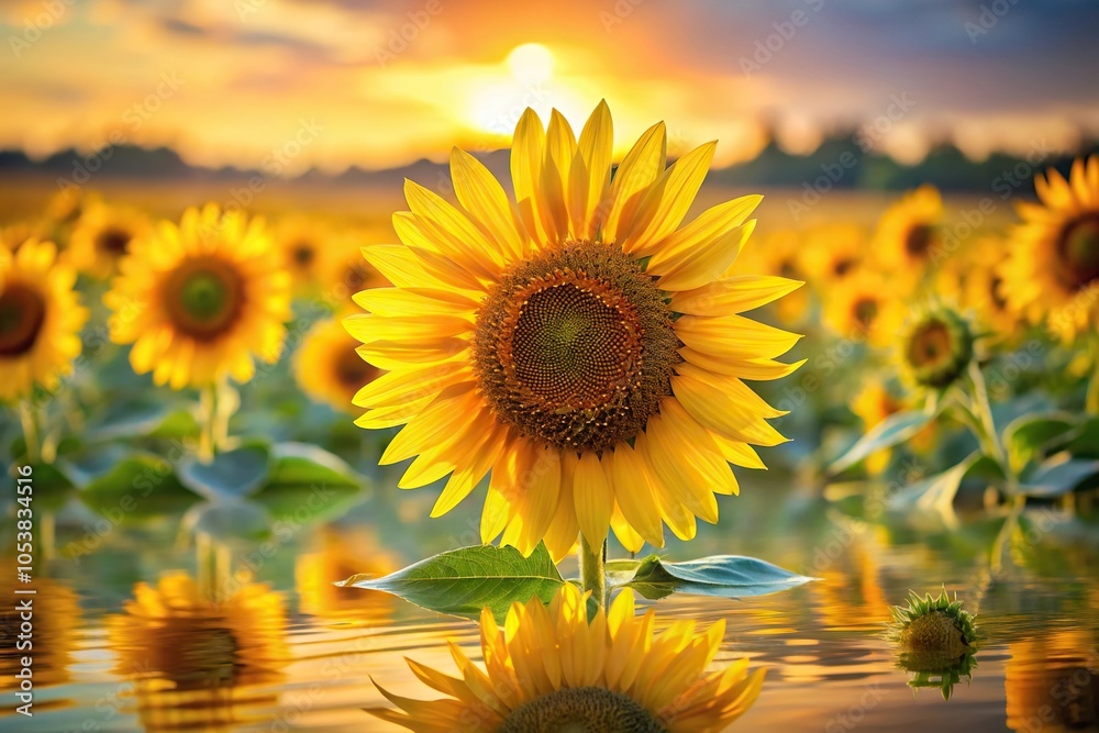Obraz premium Reflected sunflower composition with field background