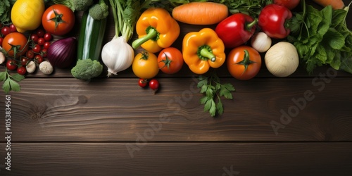 A colorful assortment of fresh vegetables, including red and yellow peppers, ripe tomatoes, green broccoli, and a vibrant yellow lemon, arranged on a rustic wooden surface.