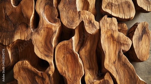 Close up view of teak wood stump pieces against a textured background