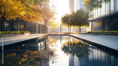 Serene reflecting pool in front of an architectural structure surrounded by trees and buildings ideal for real estate branding and promotional use featuring ample space for text