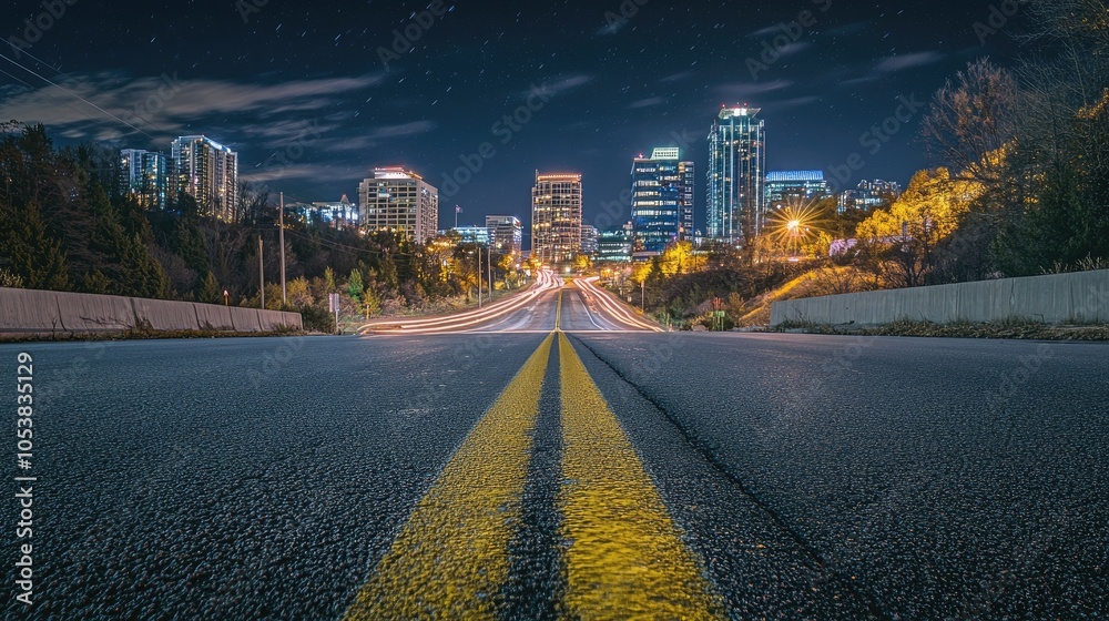 Wide angle view of an asphalt road at night featuring a contemporary urban skyline Wide angle view of an asphalt road at night featuring a contemporary urban skyline