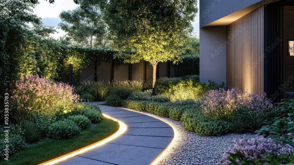 Fototapeta premium Contemporary gardening design featuring a lit walkway adjacent to a residential property