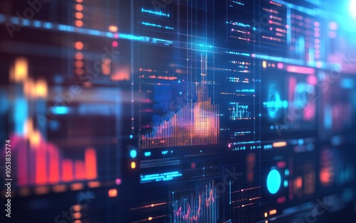 Digital dashboard with graphs and data analytics in blue and orange colors