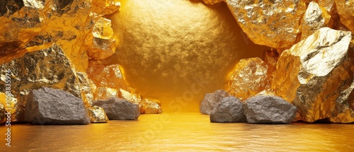 A gold colored rock wall with a gold colored rock in the middle