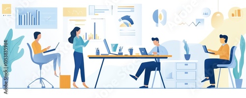Team working in a bright office with charts and graphs on the wall. Flat design illustration