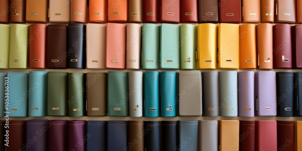 A Vibrant and Diverse Collection of Rectangular Objects Featuring a Spectrum of Colors and Subtle Gold Accents A Vibrant and Diverse Collection of Rectangular Objects Featuring a Spectrum of Colors and Subtle Gold Accents