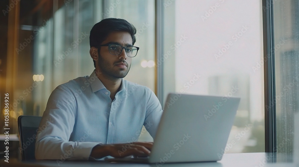 Young Professional Working on Laptop in Modern Office Young Professional Working on Laptop in Modern Office