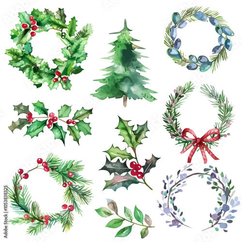 Christmas wreath with holly berry set, Watercolor Christmas Holly berry wreath, branch with red berries and green leaves collection, holly on an isolated white background, watercolor illustration