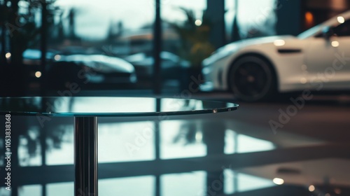 Wallpaper Mural Glass Table with a Blurred Car Showroom Background A Torontodigital.ca